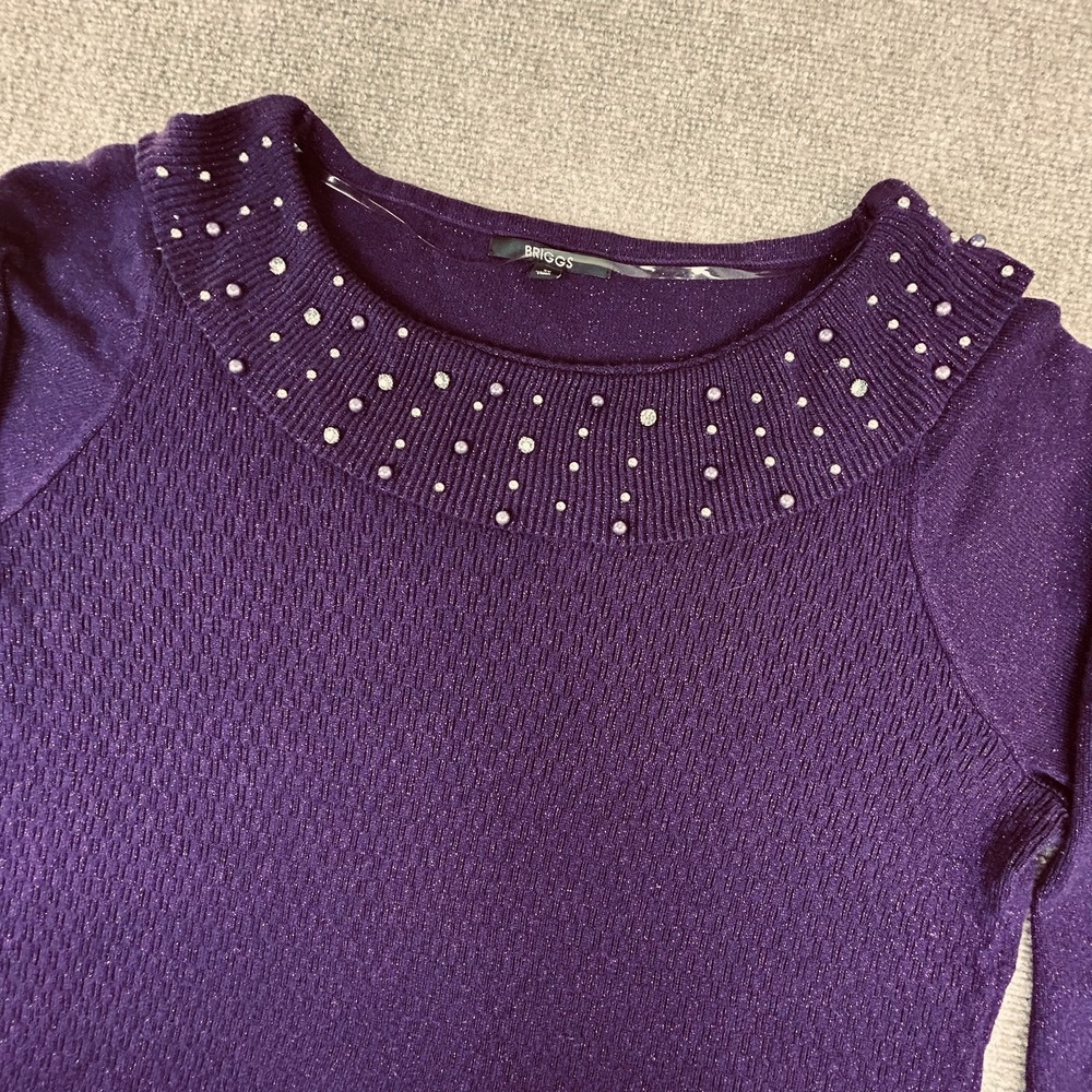 Briggs Shimmer‎ Sweater Womens 3X Purple Beaded Rhinestone 3/4 Sleeve Boat Neck